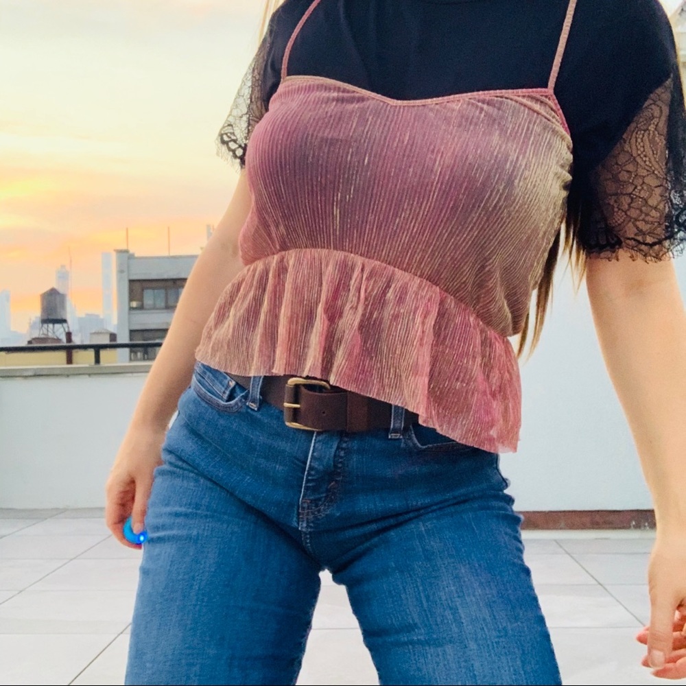 LF OneWay Lurex RoseGold Ruffle Sheer Cami Top NWT - Picture 2 of 11